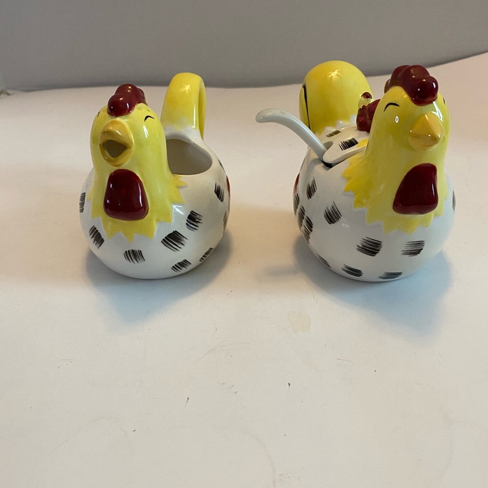 Vintage Chicken Rooster Hen Cream &Sugar Bowl Set W/spoonFarmhouse Country Decor